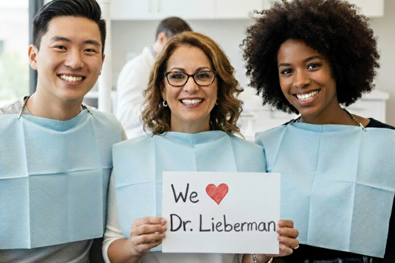 personal-dentist-in-bryn-mawr Happy patients with a sign that says we love dr. Lieberman